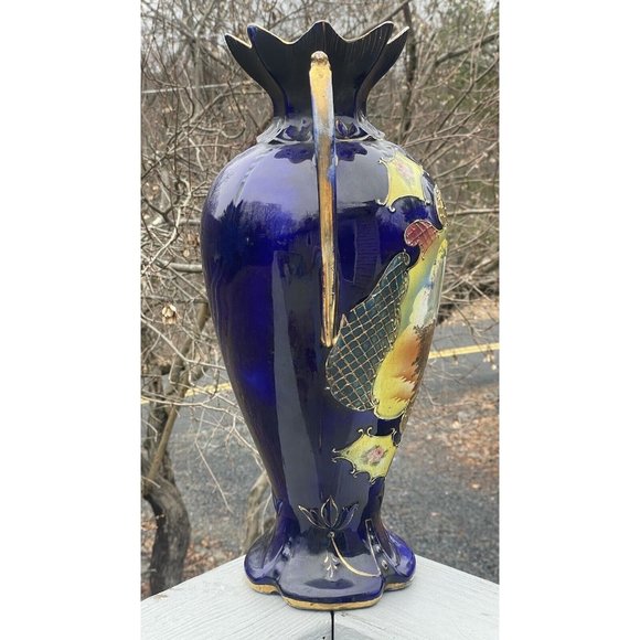 18 3/8" LARGE Antique Ceramic Vase 'Dudley' Transfer Print Cobalt Blue Gilt - Picture 12 of 16
